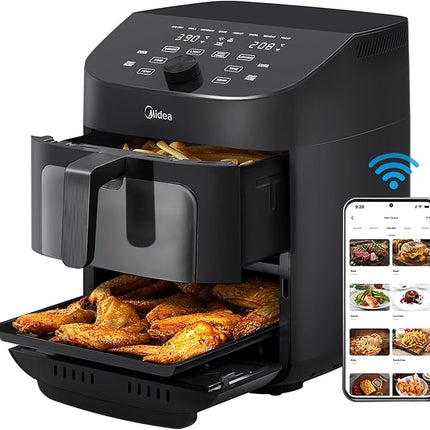 Midea Dual Basket Air Fryer Oven 11 Quart 8 in 1 Functions, Clear Window, Smart Sync Finish, Works with Alexa, Wi-Fi Connectivity MAD111D8APKW