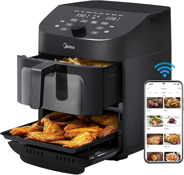 Midea Dual Basket Air Fryer Oven 11 Quart 8 in 1 Functions, Clear Window, Smart Sync Finish, Works with Alexa, Wi-Fi Connectivity MAD111D8APKW