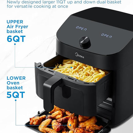 Midea Dual Basket Air Fryer Oven 11 Quart 8 in 1 Functions, Clear Window, Smart Sync Finish, Works with Alexa, Wi-Fi Connectivity MAD111D8APKW